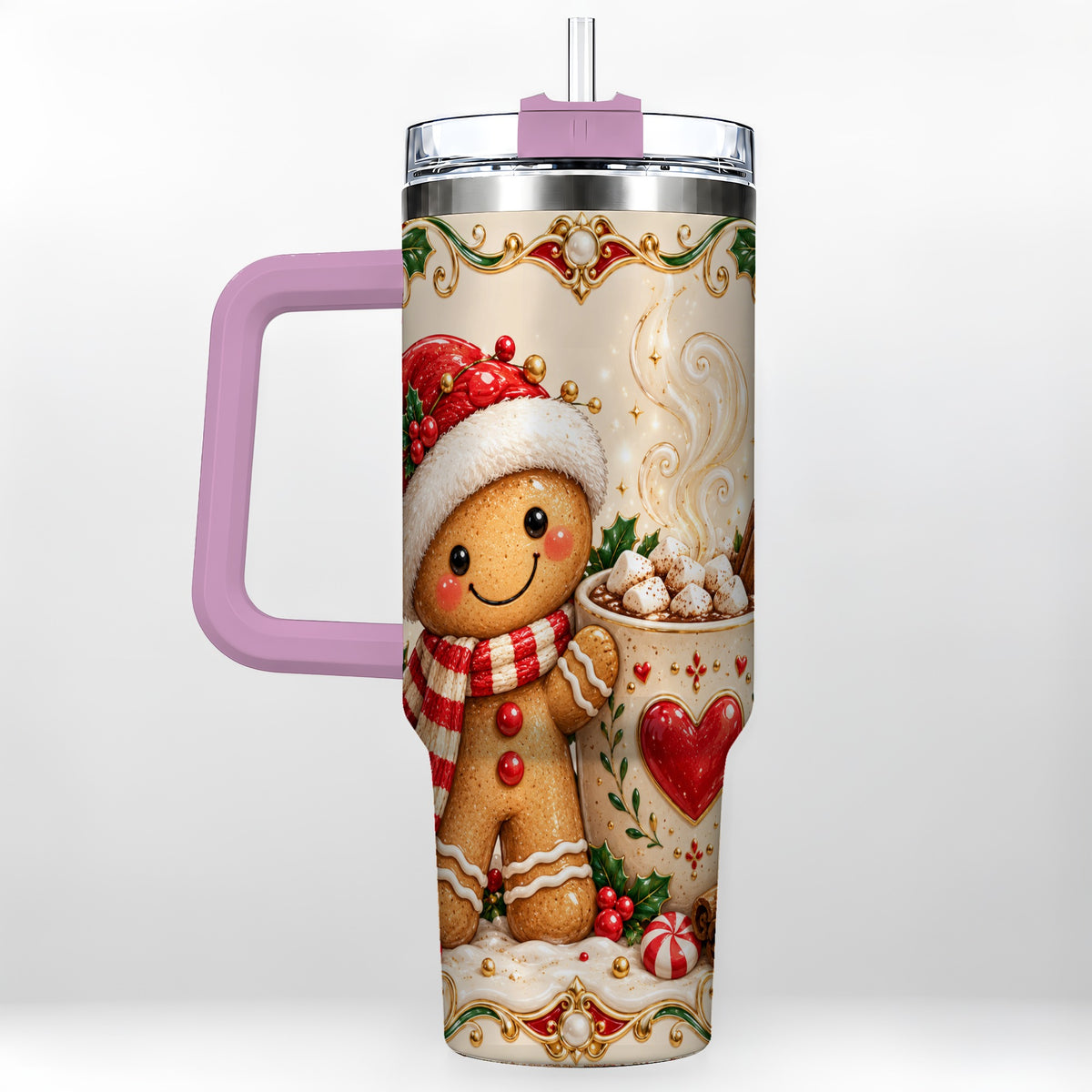 #pl[40oz|Pink] Gingerbread Hot Cocoa 40oz Tumbler, Holiday Stainless Steel Travel Cup
