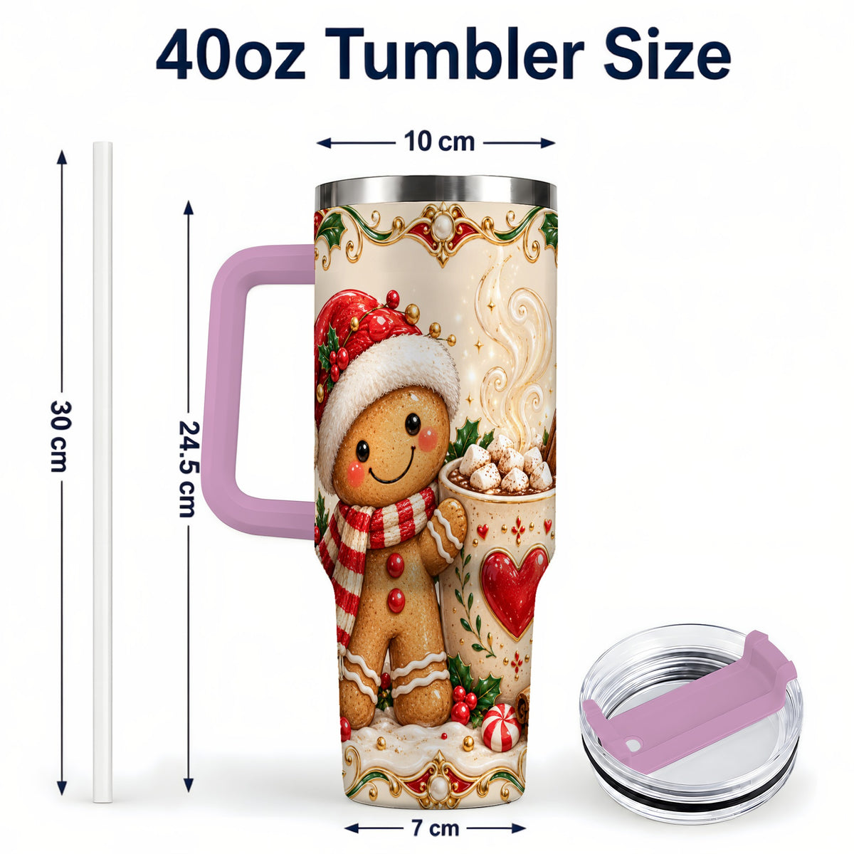 #pl[40oz|Pink] Gingerbread Hot Cocoa 40oz Tumbler, Holiday Stainless Steel Travel Cup