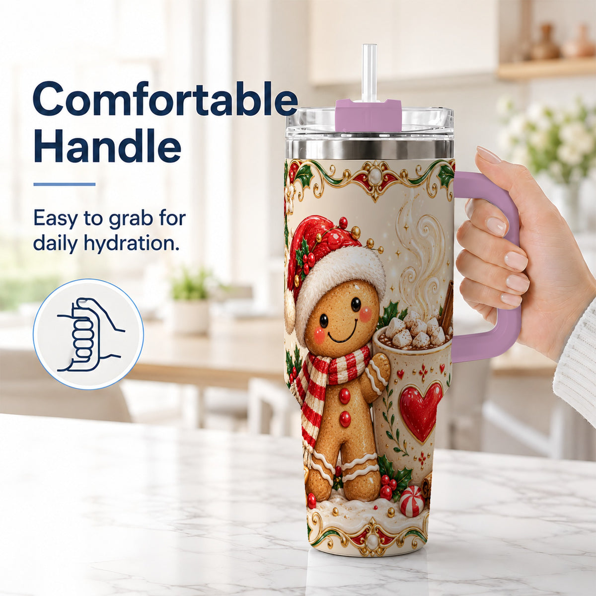 #pl[40oz|Pink] Gingerbread Hot Cocoa 40oz Tumbler, Holiday Stainless Steel Travel Cup