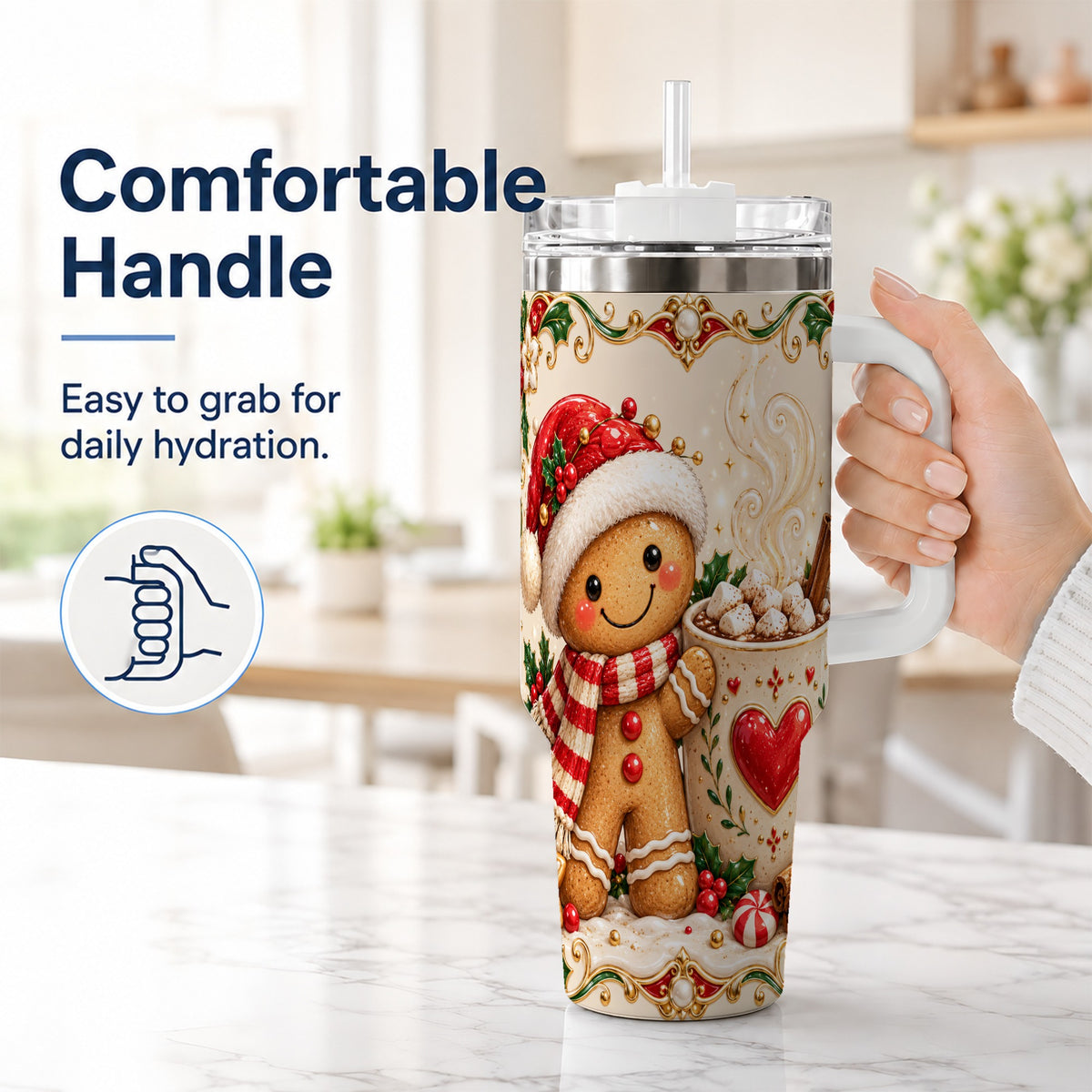 #pl[40oz|White] Gingerbread Hot Cocoa 40oz Tumbler, Holiday Stainless Steel Travel Cup