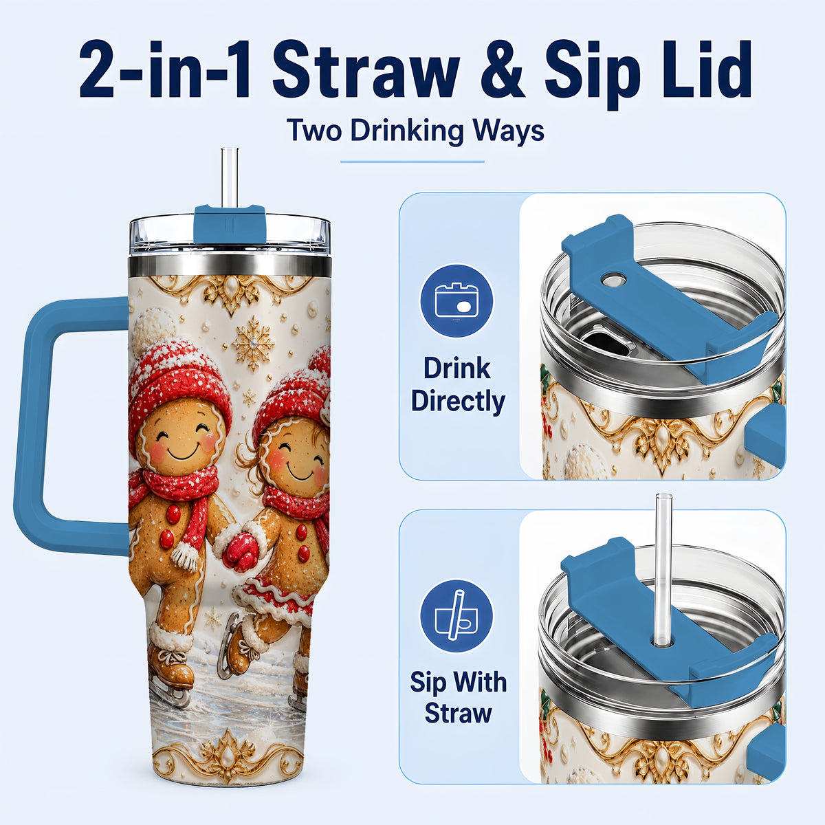 #pl[40oz|Blue] Gingerbread Skaters 40oz Tumbler, Christmas Stainless Steel Travel Cup