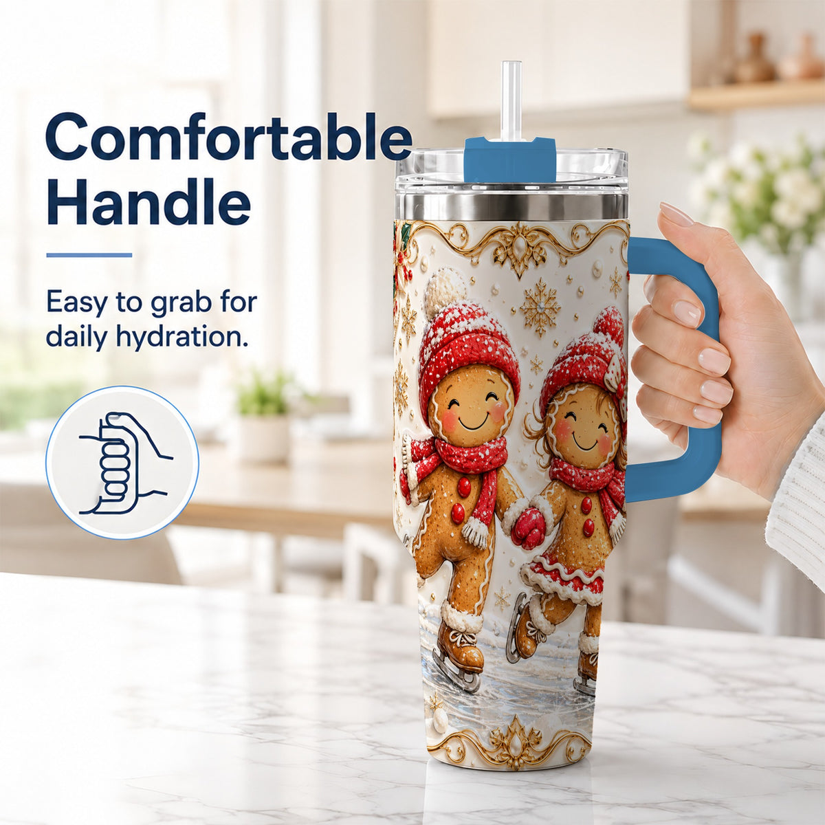#pl[40oz|Blue] Gingerbread Skaters 40oz Tumbler, Christmas Stainless Steel Travel Cup