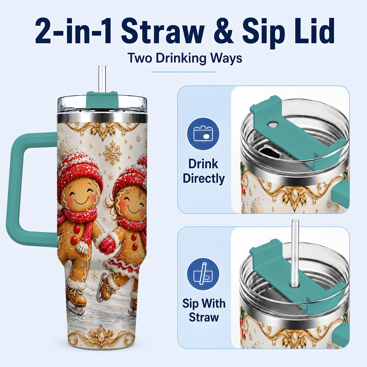 #pl[40oz|Green] Gingerbread Skaters 40oz Tumbler, Christmas Stainless Steel Travel Cup