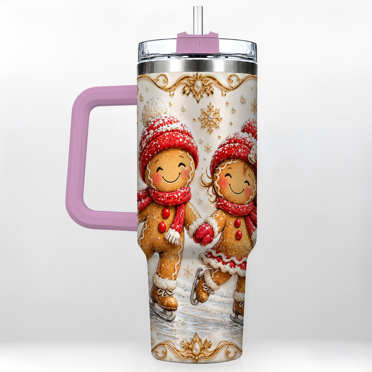 #pl[40oz|Pink] Gingerbread Skaters 40oz Tumbler, Christmas Stainless Steel Travel Cup