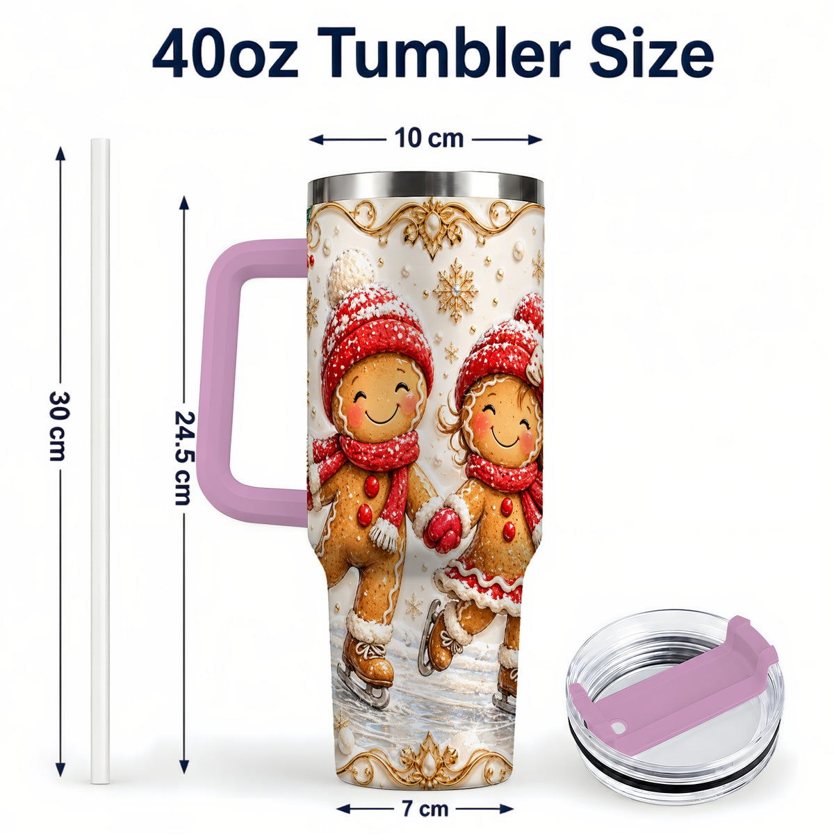 #pl[40oz|Pink] Gingerbread Skaters 40oz Tumbler, Christmas Stainless Steel Travel Cup