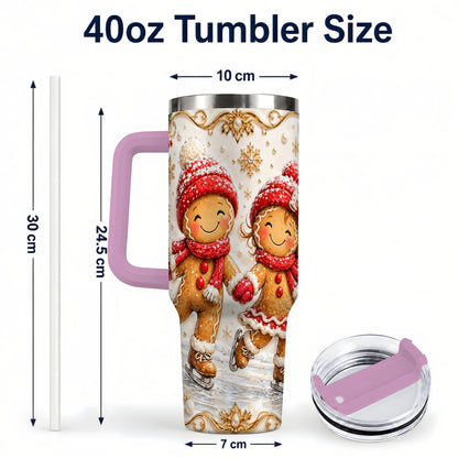 #pl[40oz|Pink] Gingerbread Skaters 40oz Tumbler, Christmas Stainless Steel Travel Cup