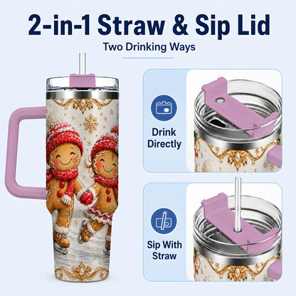 #pl[40oz|Pink] Gingerbread Skaters 40oz Tumbler, Christmas Stainless Steel Travel Cup