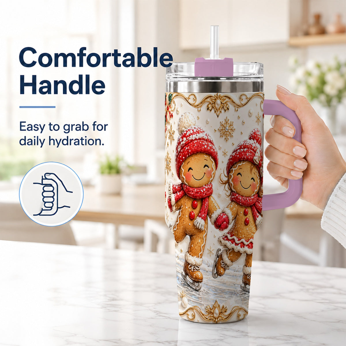 #pl[40oz|Pink] Gingerbread Skaters 40oz Tumbler, Christmas Stainless Steel Travel Cup