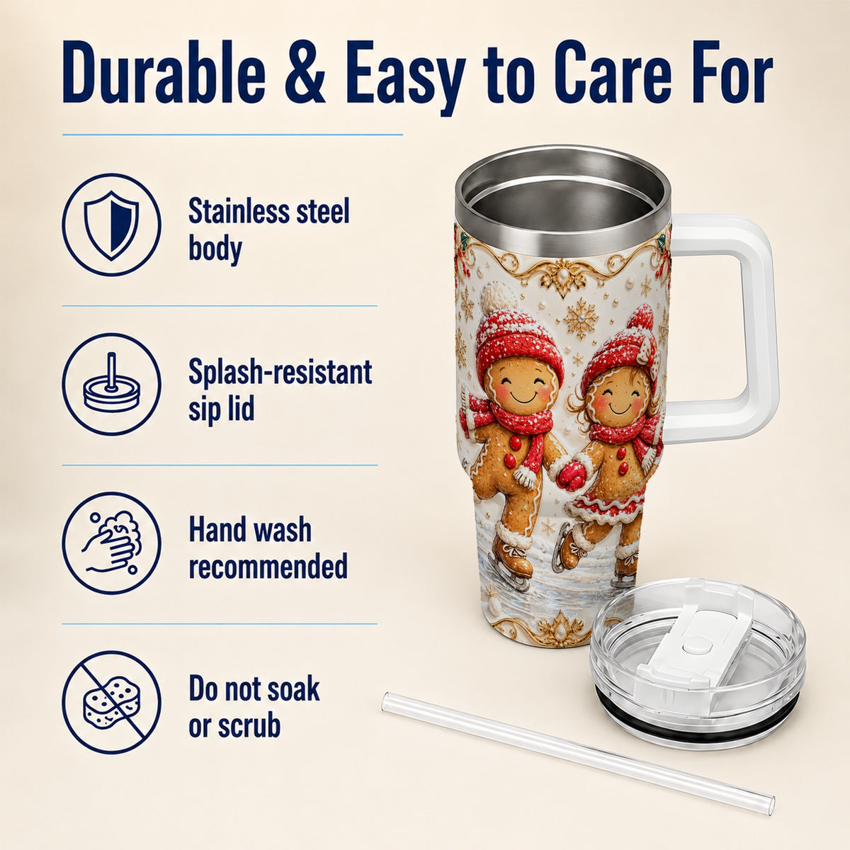 Gingerbread Skaters 40oz Tumbler, Christmas Stainless Steel Travel Cup