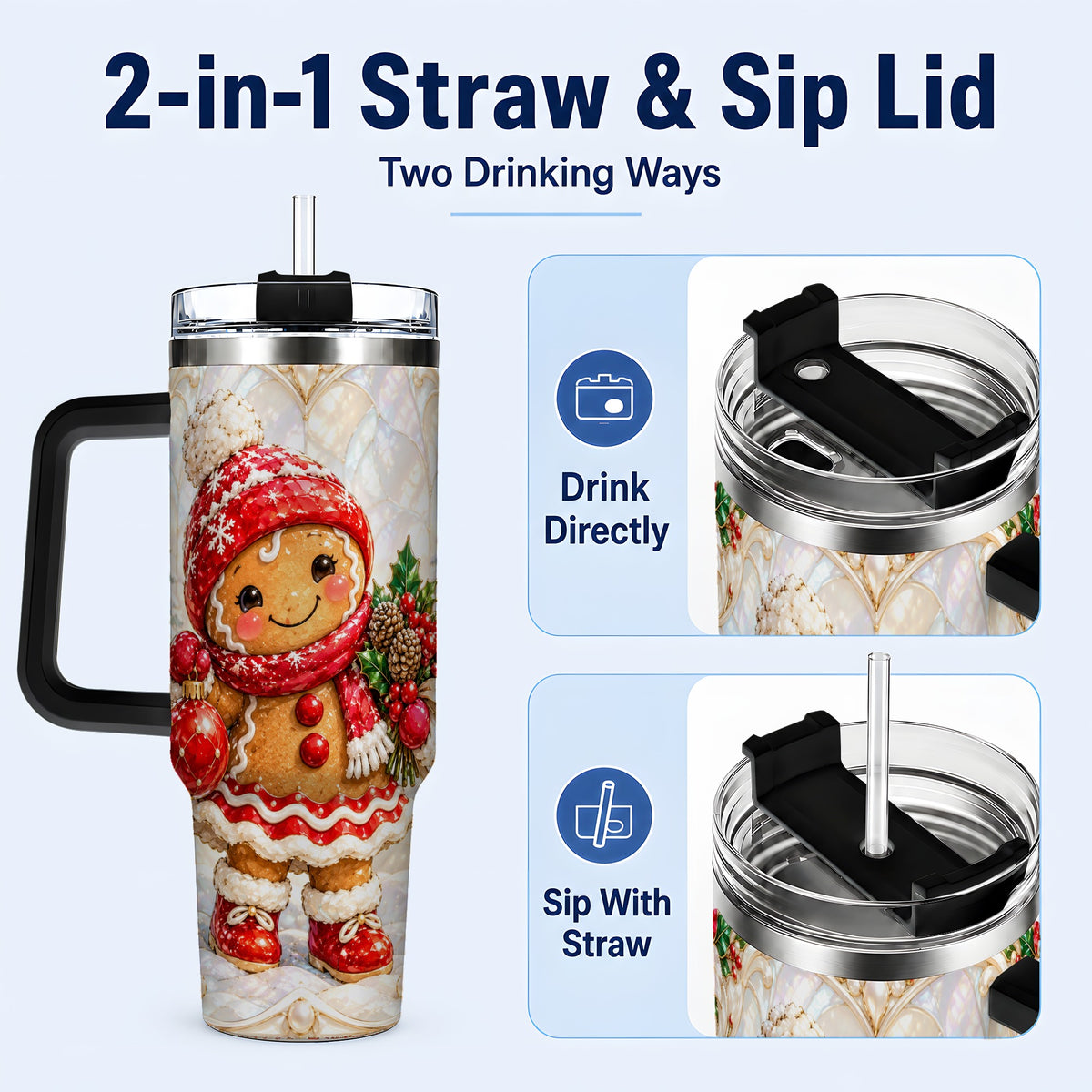#pl[40oz|Black] Gingerbread Girl 40oz Tumbler, Christmas Stainless Steel Travel Cup