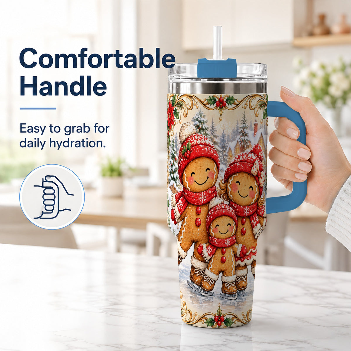 #pl[40oz|Blue] Gingerbread Family Tumbler 40oz, Christmas Stainless Steel Travel Cup