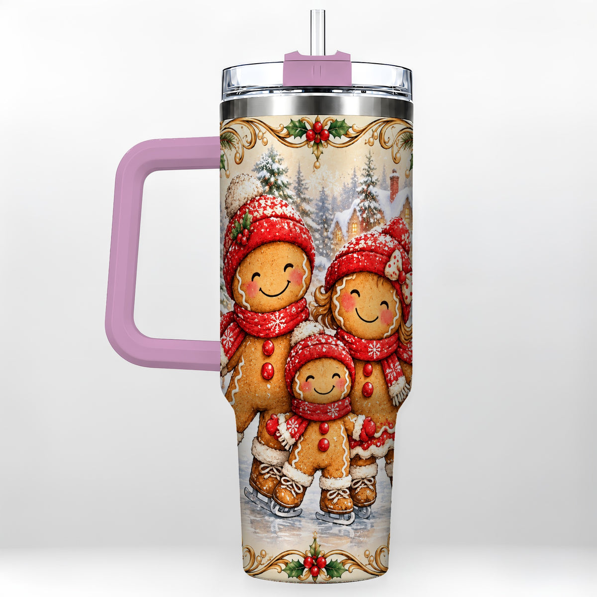 #pl[40oz|Pink] Gingerbread Family Tumbler 40oz, Christmas Stainless Steel Travel Cup