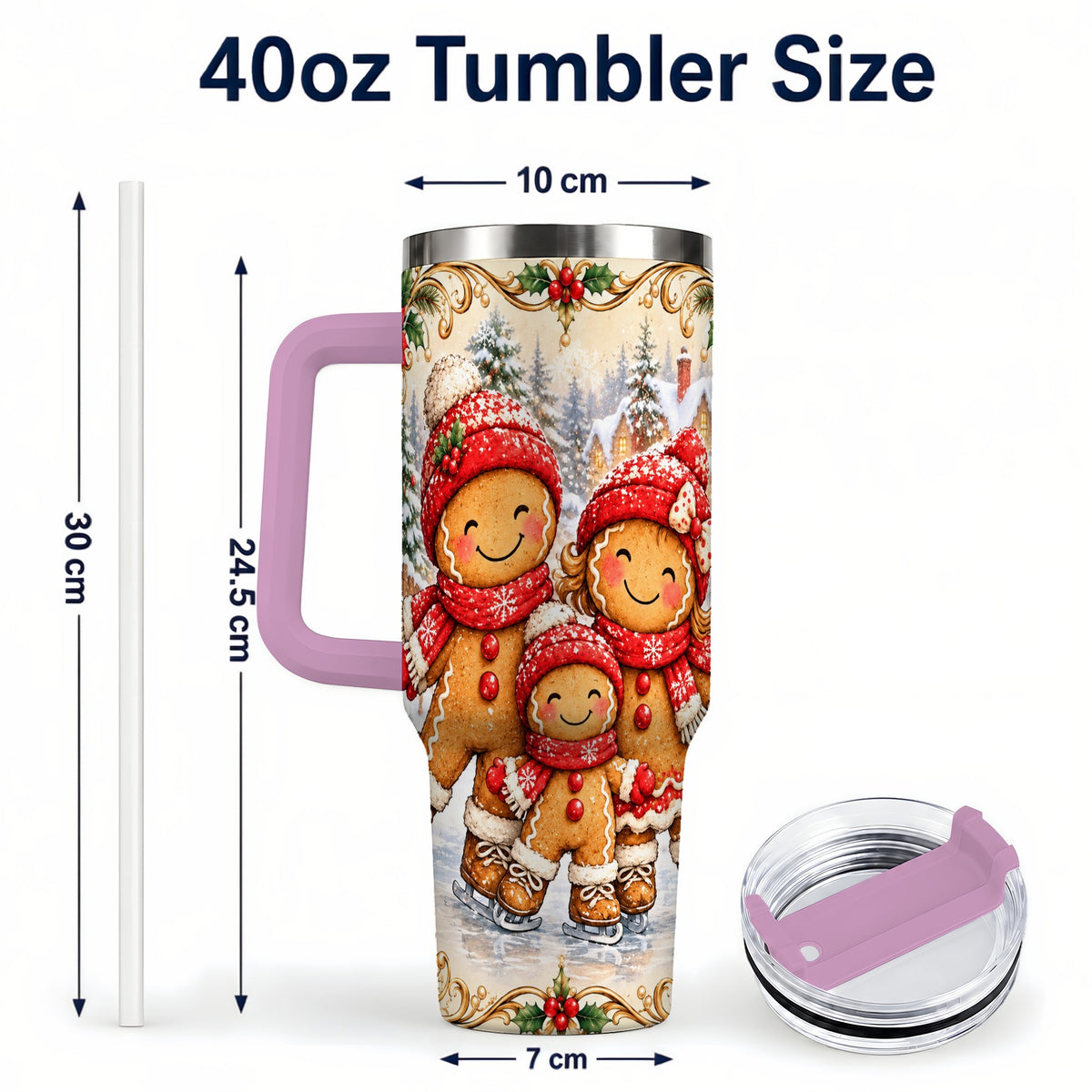 #pl[40oz|Pink] Gingerbread Family Tumbler 40oz, Christmas Stainless Steel Travel Cup