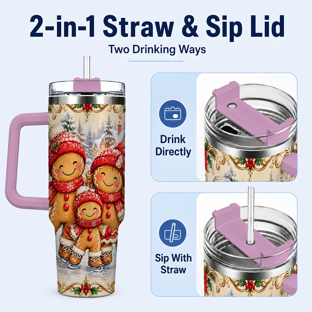 #pl[40oz|Pink] Gingerbread Family Tumbler 40oz, Christmas Stainless Steel Travel Cup