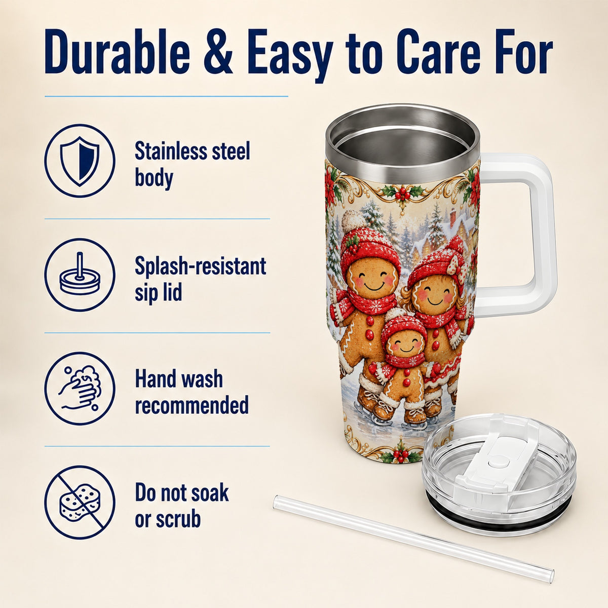 Gingerbread Family Tumbler 40oz, Christmas Stainless Steel Travel Cup