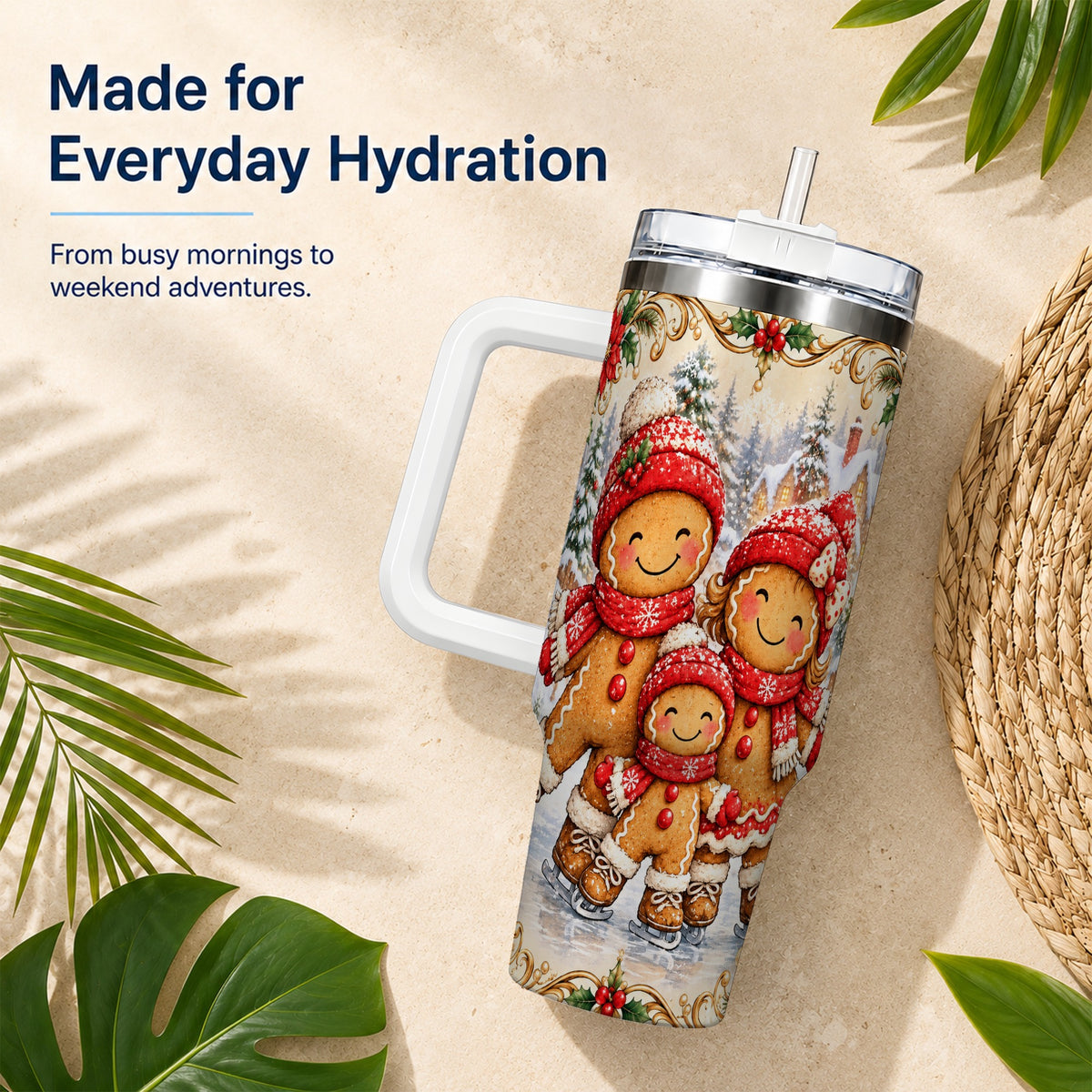 Gingerbread Family Tumbler 40oz, Christmas Stainless Steel Travel Cup