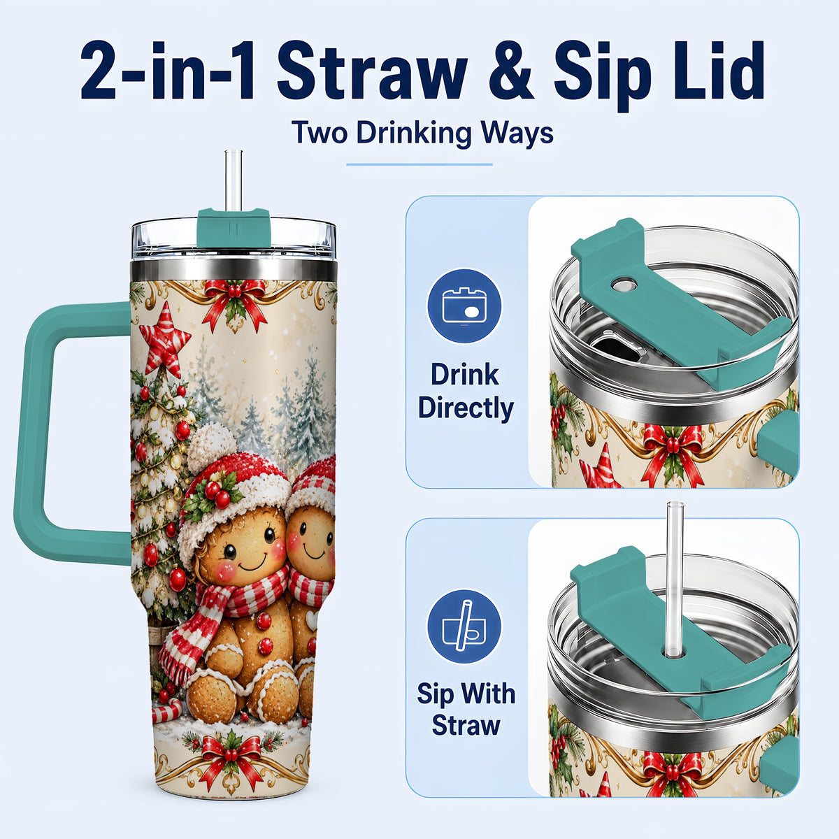 #pl[40oz|Green] Gingerbread Couple Tumbler 40oz, Christmas Stainless Steel Travel Cup