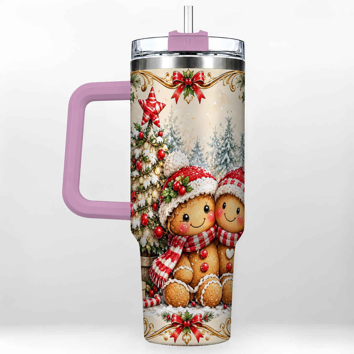 #pl[40oz|Pink] Gingerbread Couple Tumbler 40oz, Christmas Stainless Steel Travel Cup