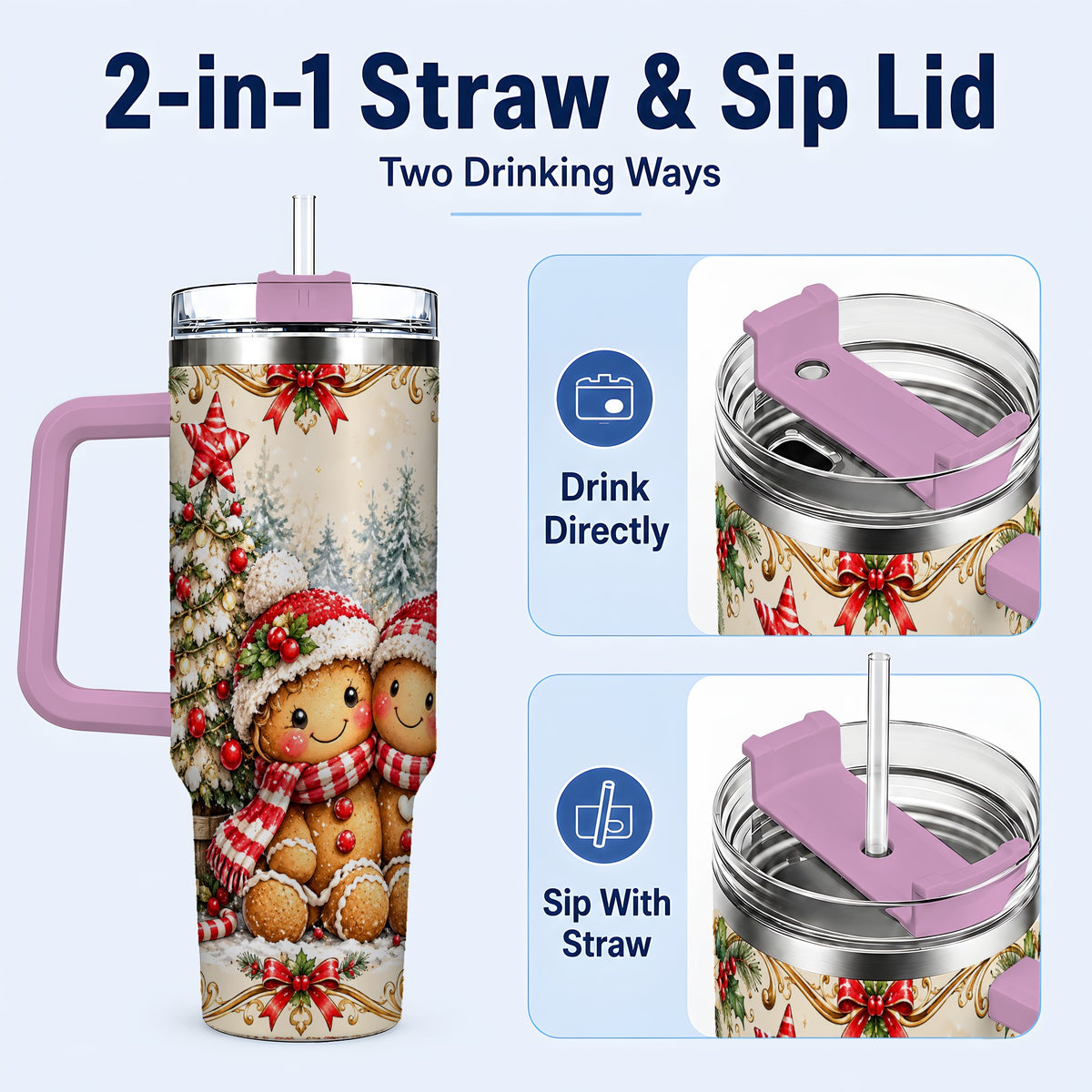 #pl[40oz|Pink] Gingerbread Couple Tumbler 40oz, Christmas Stainless Steel Travel Cup