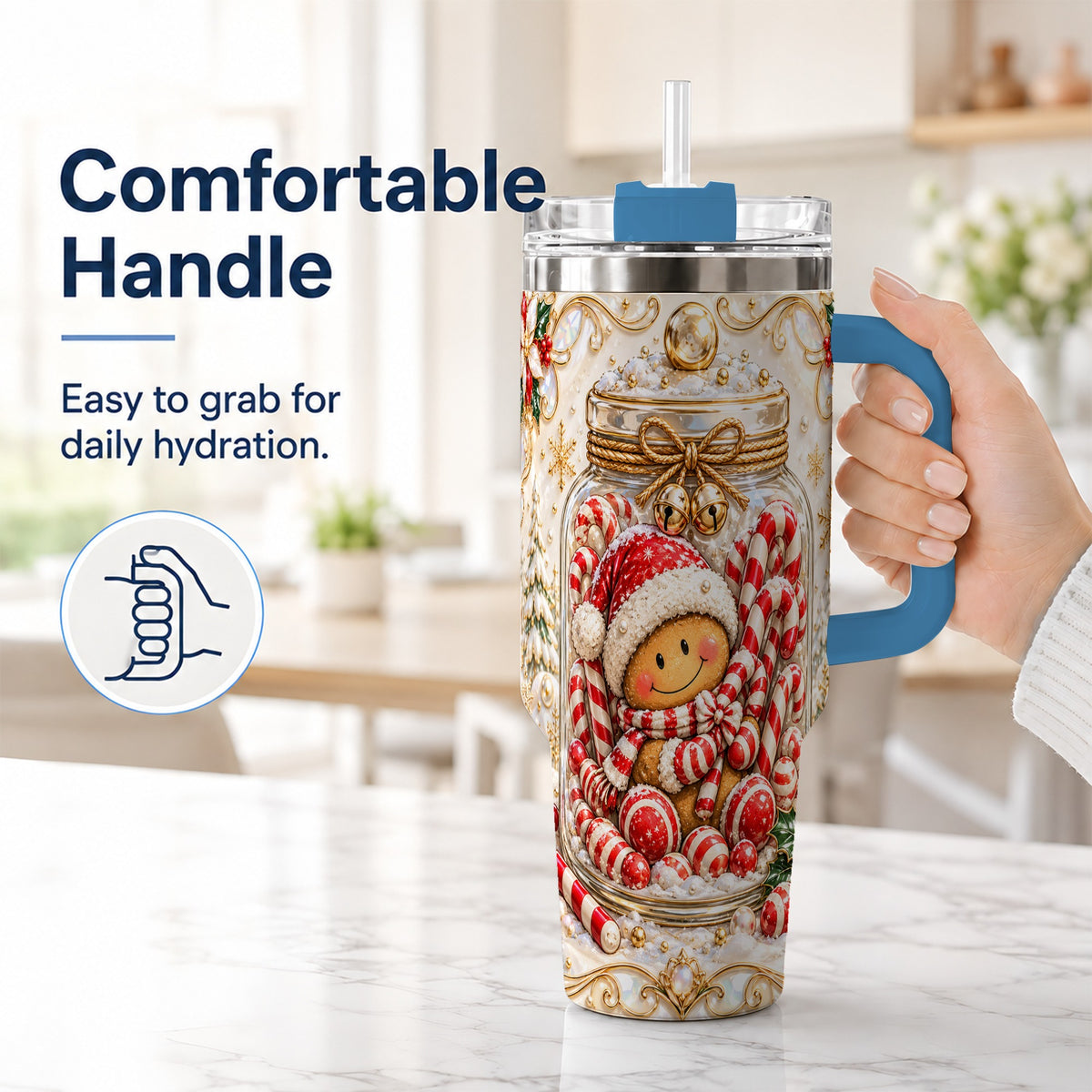 #pl[40oz|Blue] Gingerbread Candy Jar Tumbler 40oz, Christmas Stainless Steel Travel Cup