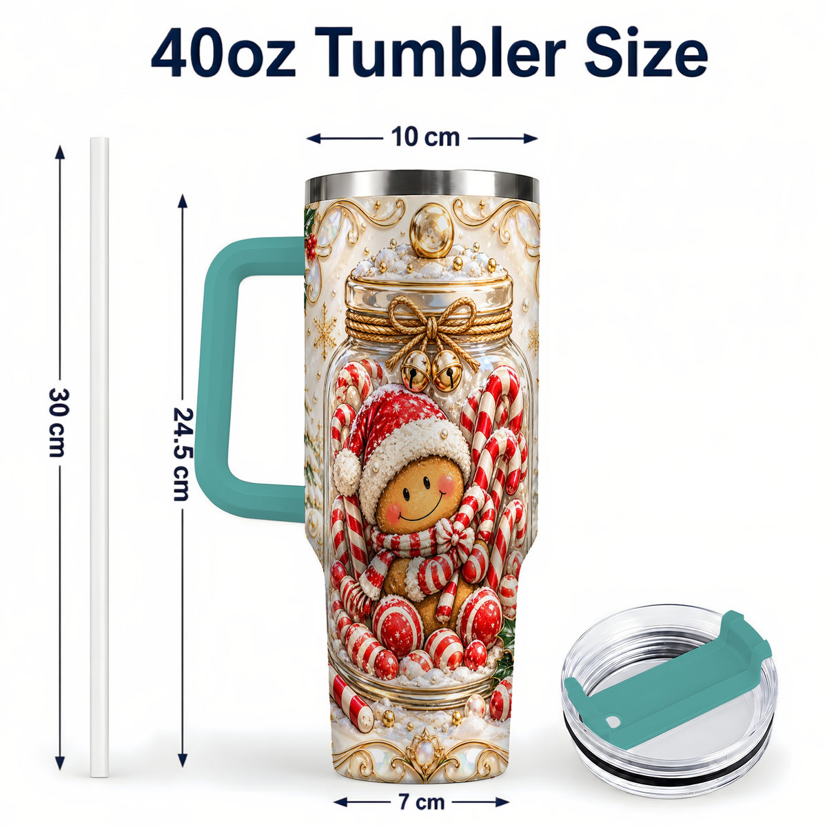 #pl[40oz|Green] Gingerbread Candy Jar Tumbler 40oz, Christmas Stainless Steel Travel Cup