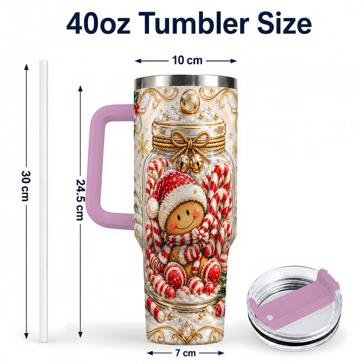 #pl[40oz|Pink] Gingerbread Candy Jar Tumbler 40oz, Christmas Stainless Steel Travel Cup