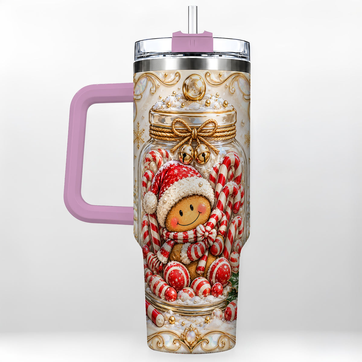 #pl[40oz|Pink] Gingerbread Candy Jar Tumbler 40oz, Christmas Stainless Steel Travel Cup