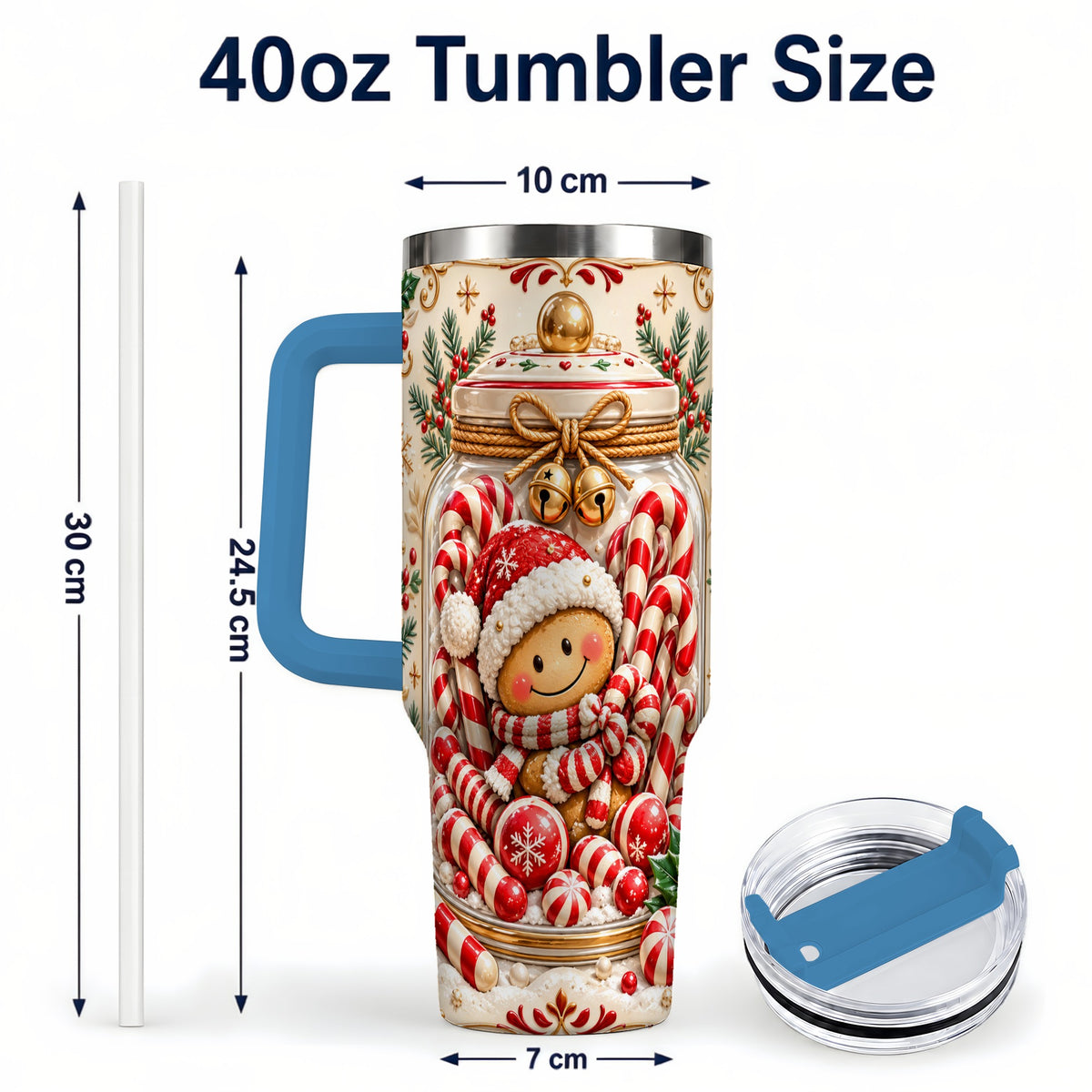 #pl[40oz|Blue] Gingerbread Candy Jar Tumbler 40oz, Christmas Stainless Steel Travel Cup