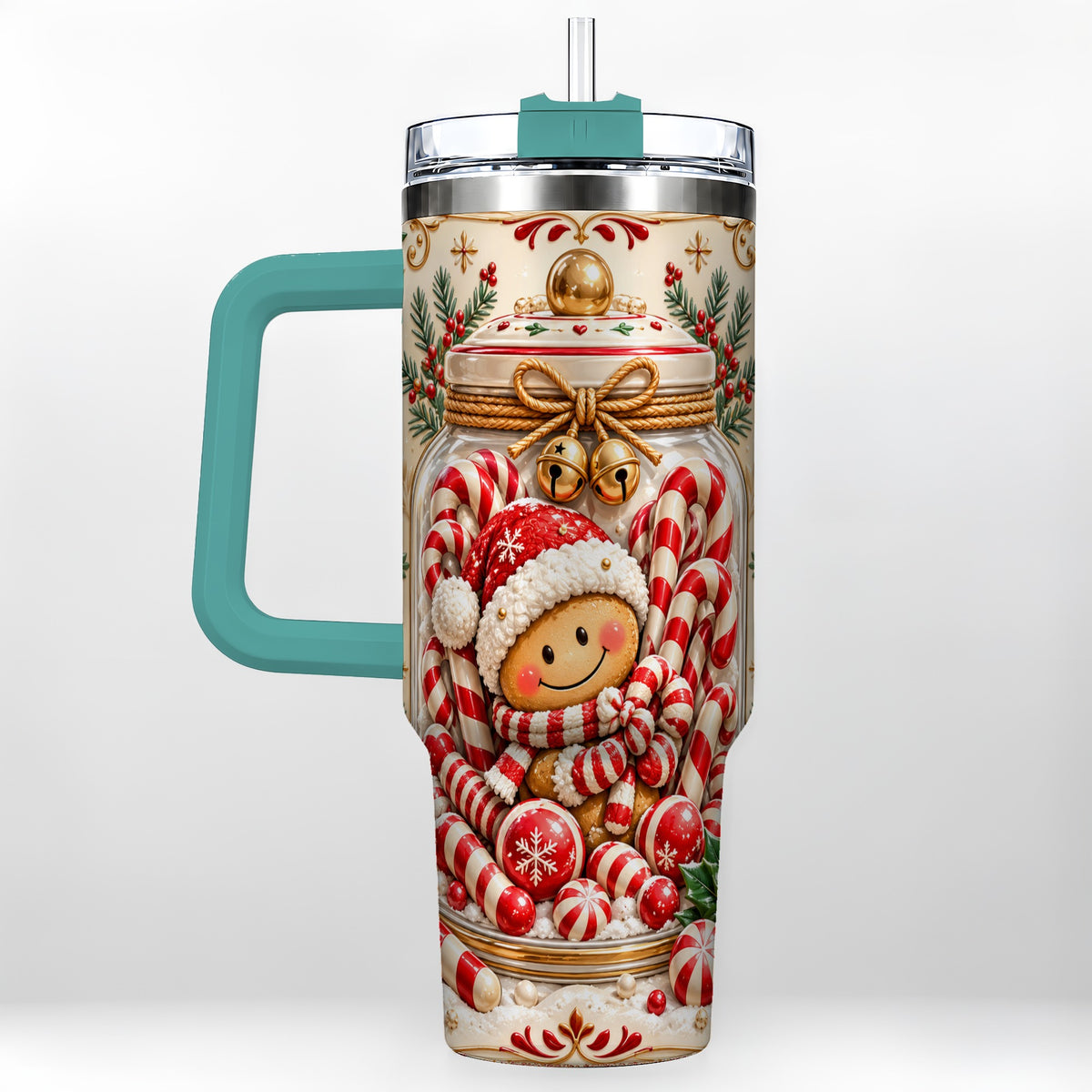 #pl[40oz|Green] Gingerbread Candy Jar Tumbler 40oz, Christmas Stainless Steel Travel Cup