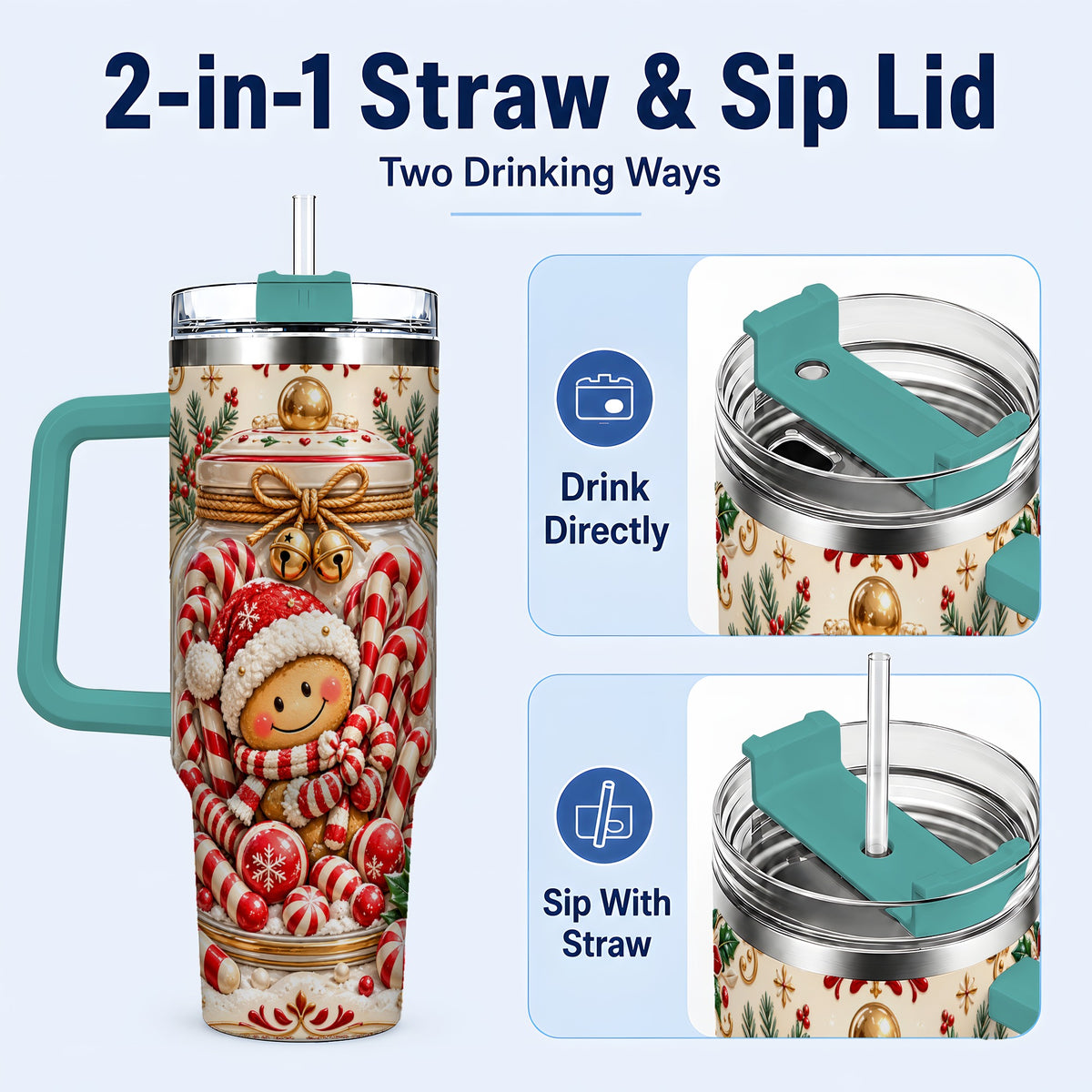 #pl[40oz|Green] Gingerbread Candy Jar Tumbler 40oz, Christmas Stainless Steel Travel Cup