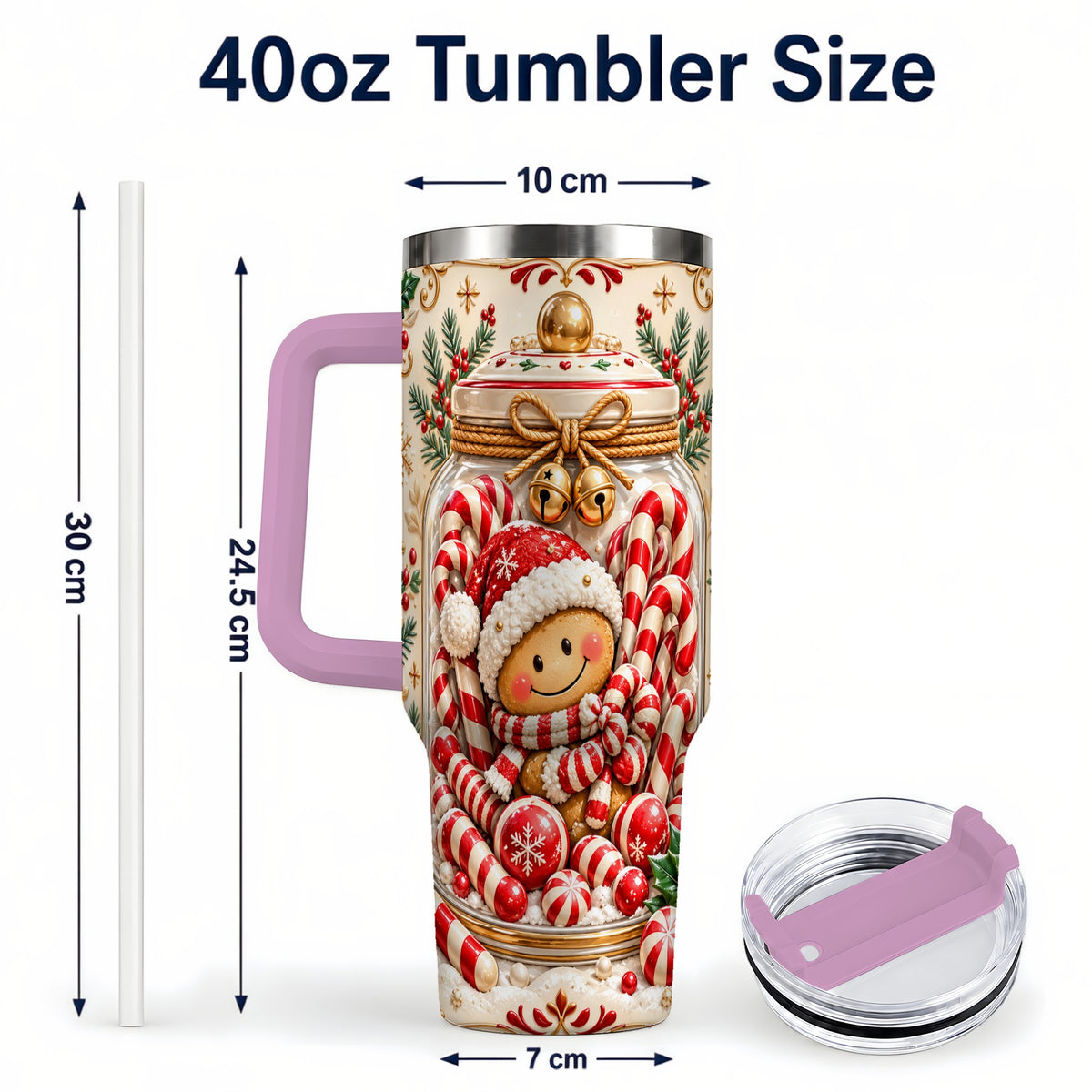#pl[40oz|Pink] Gingerbread Candy Jar Tumbler 40oz, Christmas Stainless Steel Travel Cup