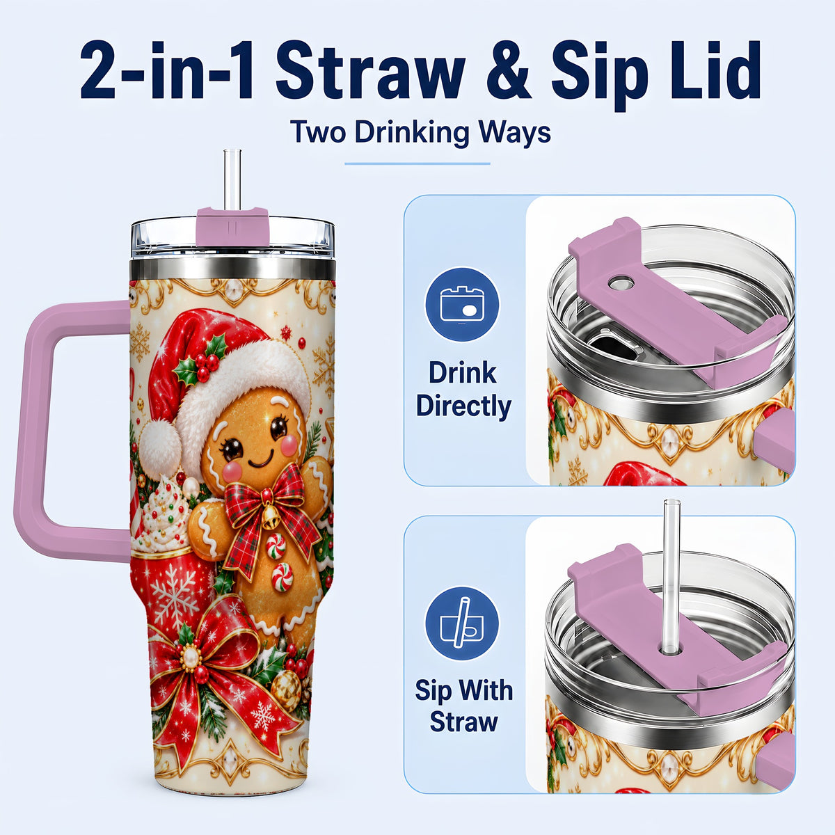 #pl[40oz|Pink] Gingerbread Girl Tumbler 40oz, Christmas Stainless Steel Travel Cup