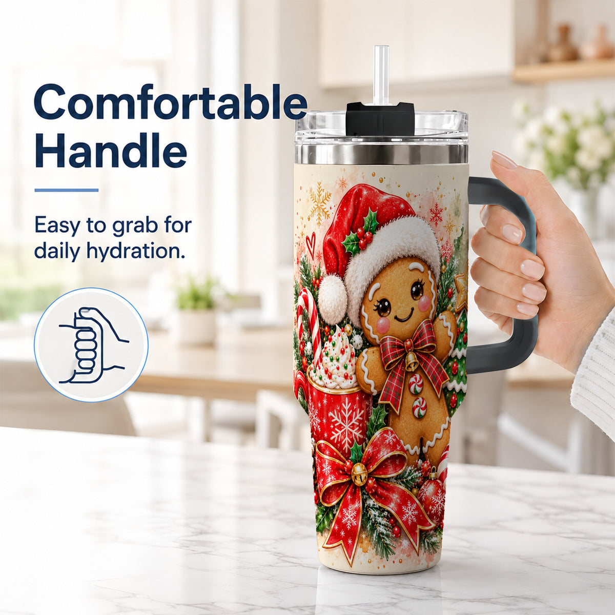 #pl[40oz|Black] Gingerbread Christmas 40oz Tumbler, Holiday Tumbler with Handle