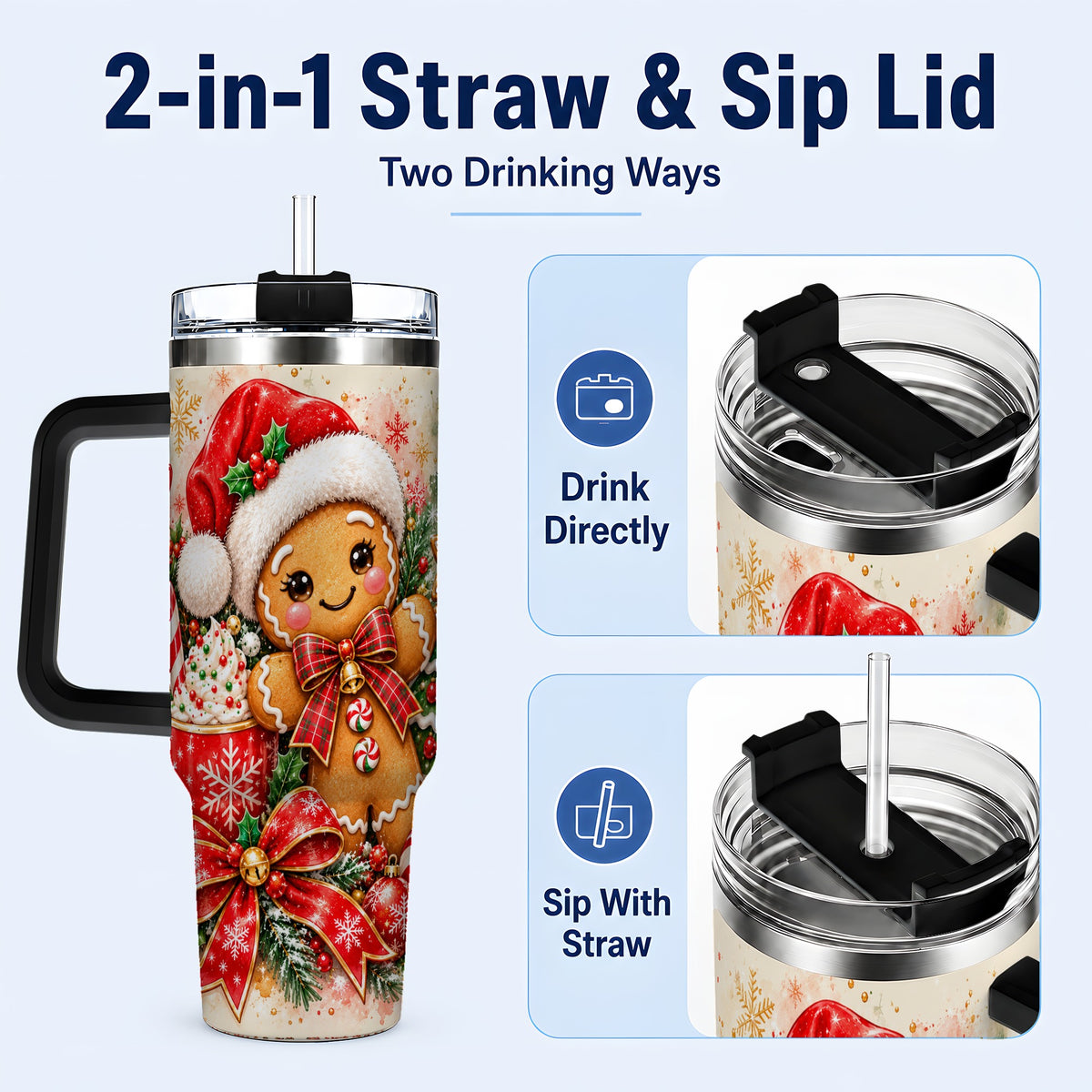 #pl[40oz|Black] Gingerbread Christmas 40oz Tumbler, Holiday Tumbler with Handle