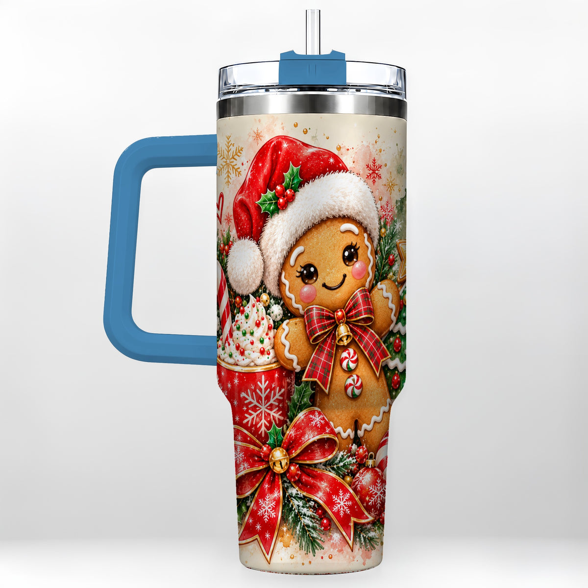 #pl[40oz|Blue] Gingerbread Christmas 40oz Tumbler, Holiday Tumbler with Handle