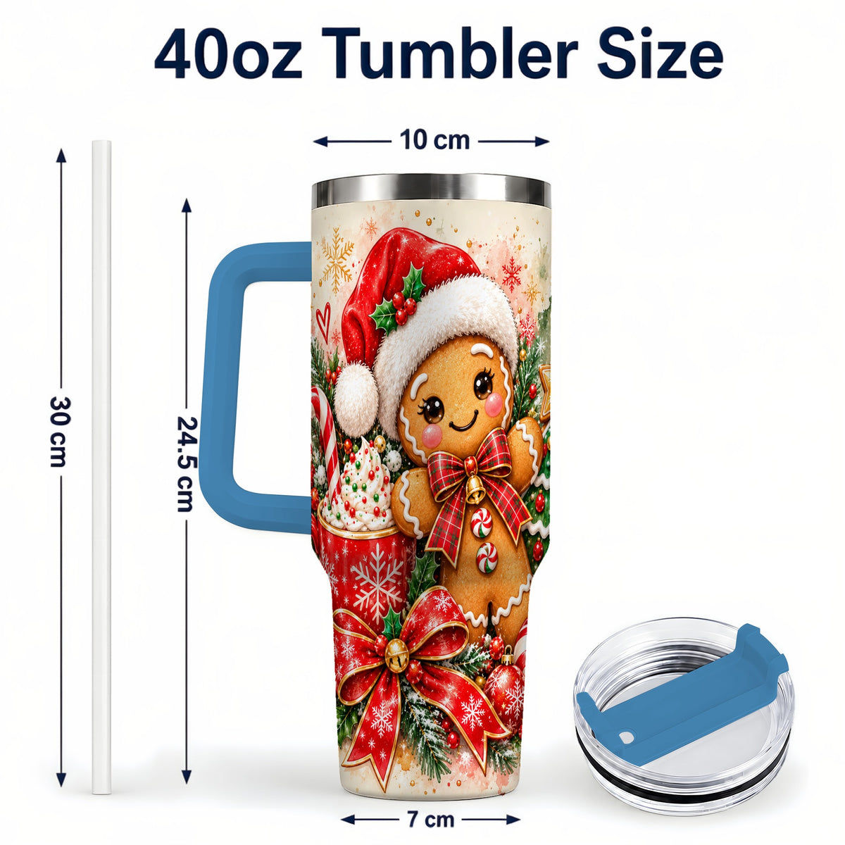 #pl[40oz|Blue] Gingerbread Christmas 40oz Tumbler, Holiday Tumbler with Handle