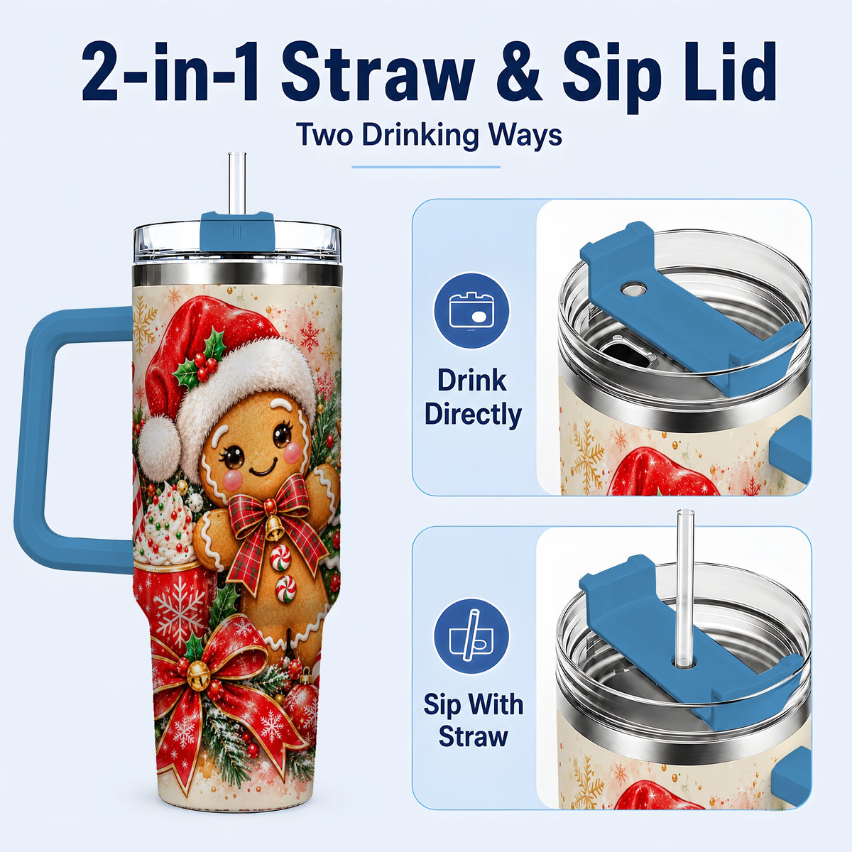#pl[40oz|Blue] Gingerbread Christmas 40oz Tumbler, Holiday Tumbler with Handle