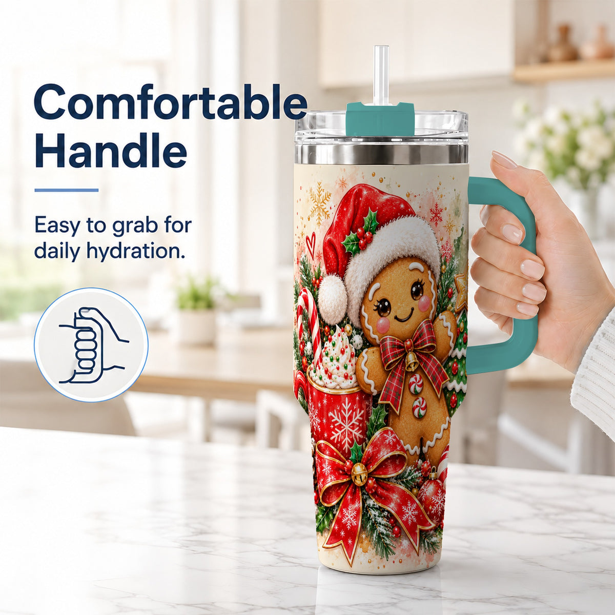 #pl[40oz|Green] Gingerbread Christmas 40oz Tumbler, Holiday Tumbler with Handle