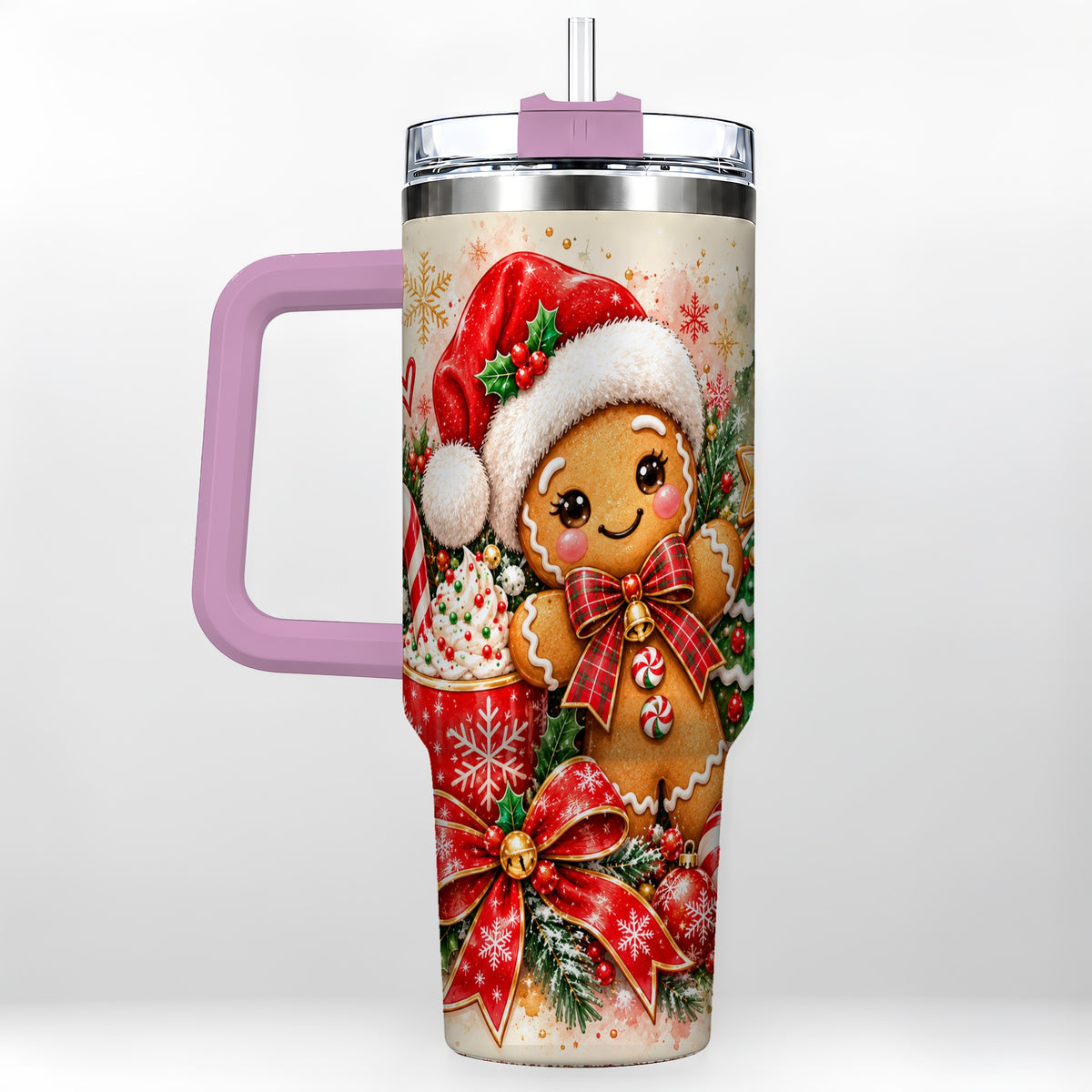 #pl[40oz|Pink] Gingerbread Christmas 40oz Tumbler, Holiday Tumbler with Handle