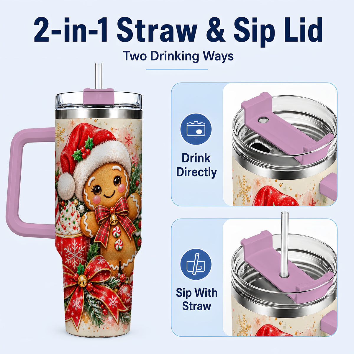 #pl[40oz|Pink] Gingerbread Christmas 40oz Tumbler, Holiday Tumbler with Handle