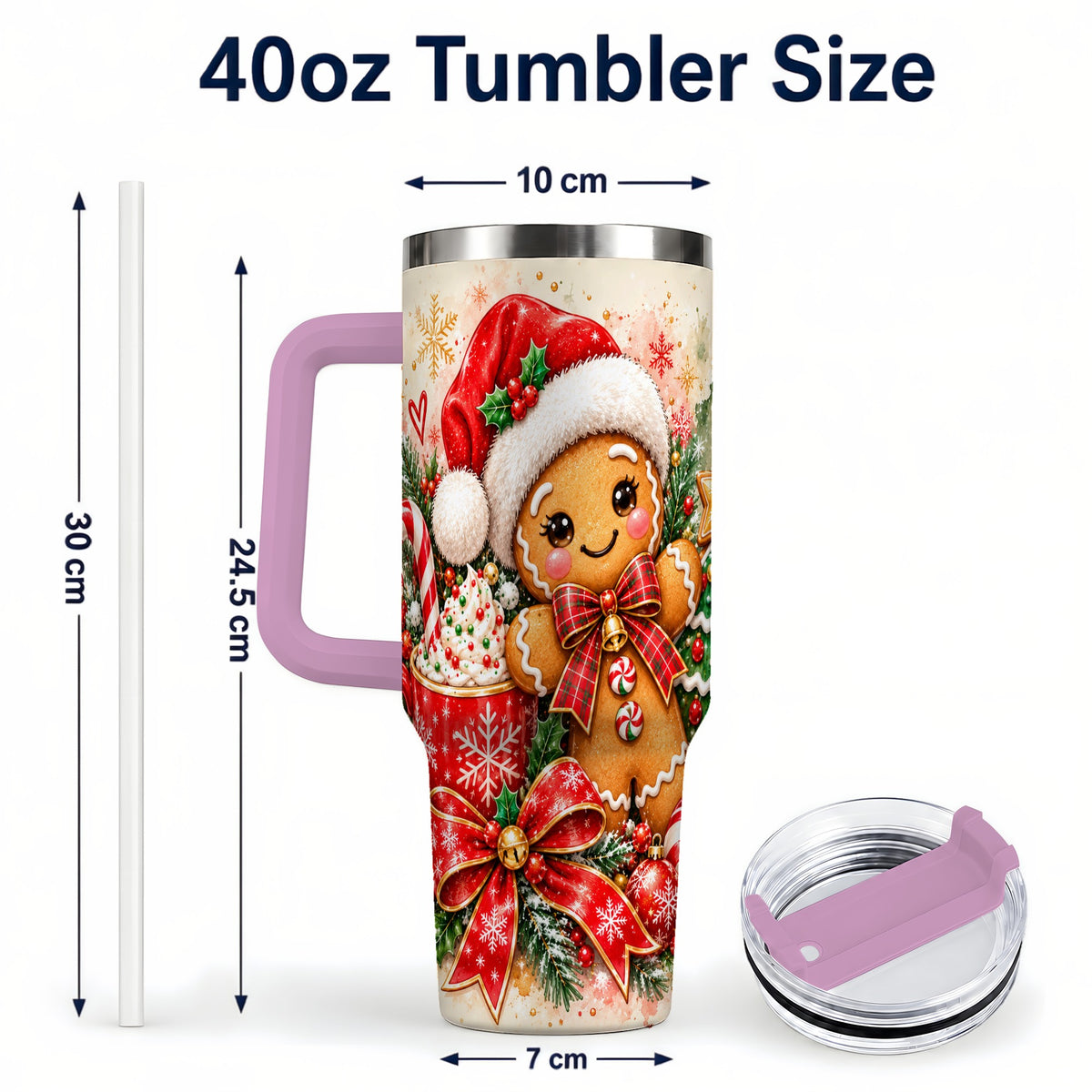 #pl[40oz|Pink] Gingerbread Christmas 40oz Tumbler, Holiday Tumbler with Handle