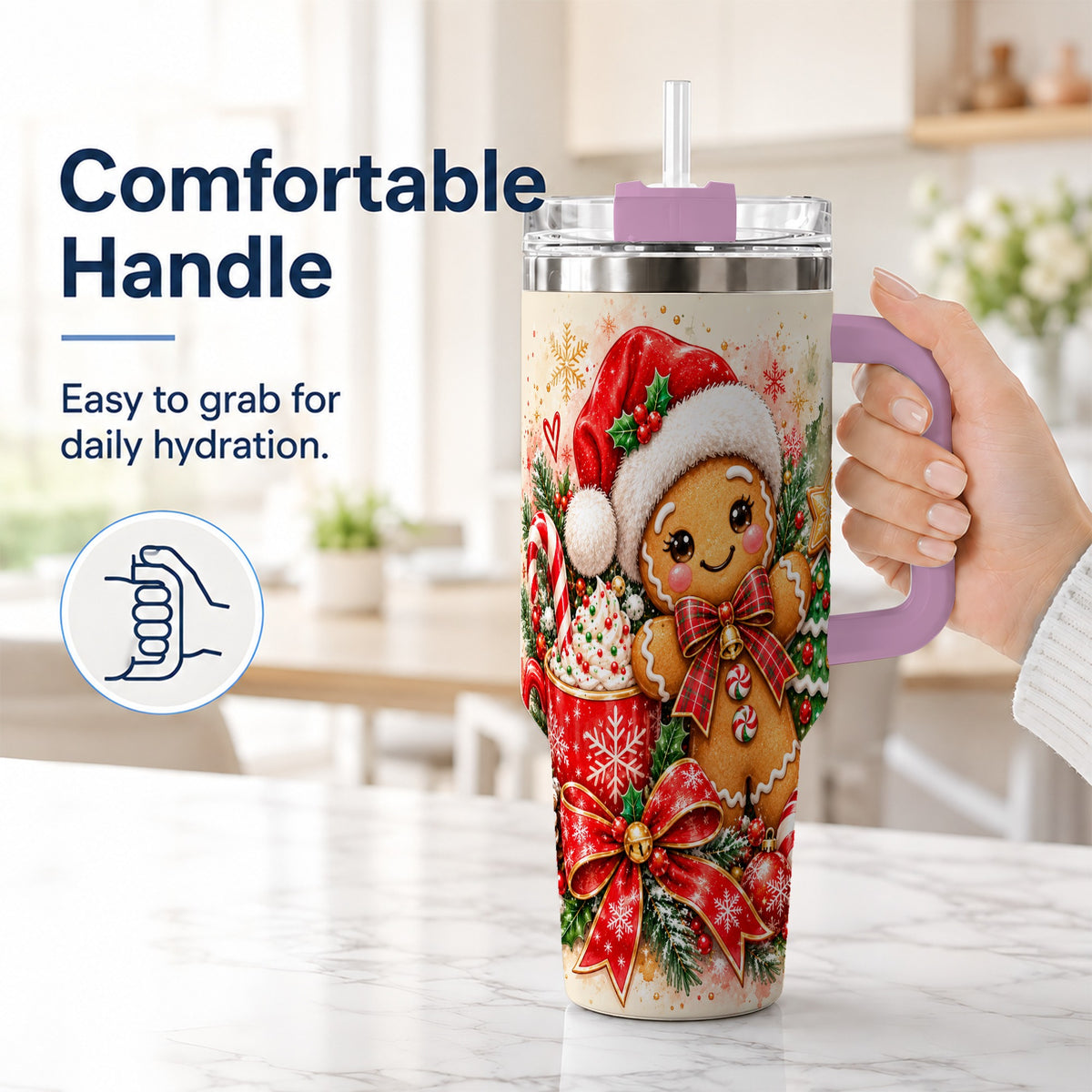 #pl[40oz|Pink] Gingerbread Christmas 40oz Tumbler, Holiday Tumbler with Handle