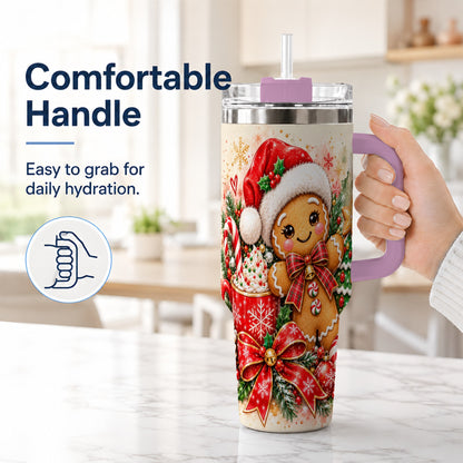 #pl[40oz|Pink] Gingerbread Christmas 40oz Tumbler, Holiday Tumbler with Handle