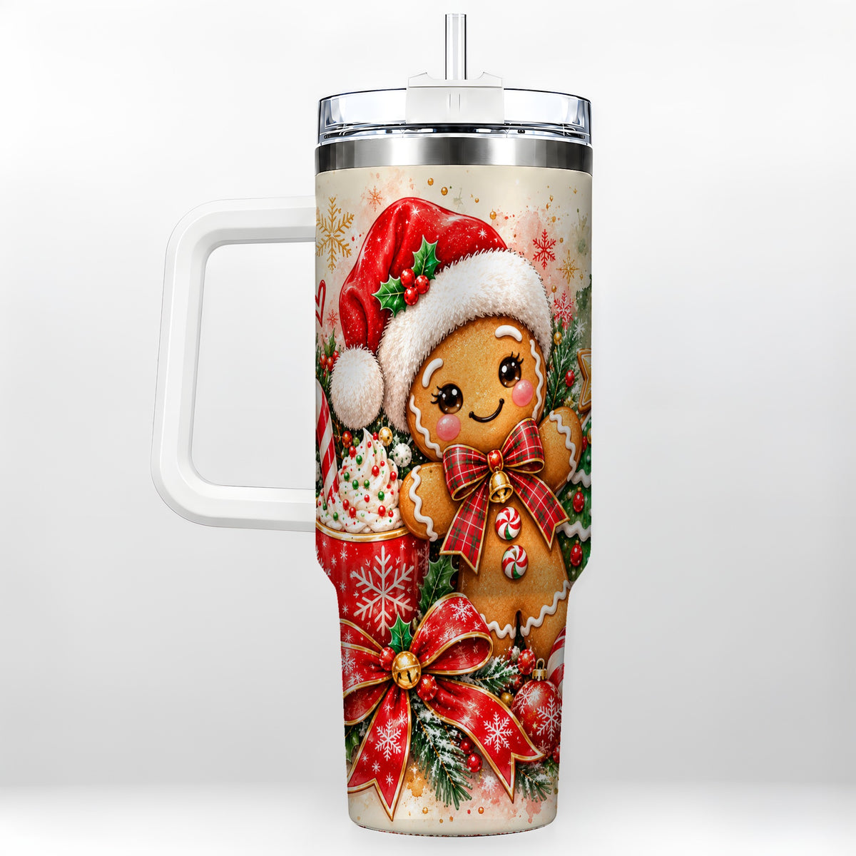Gingerbread Christmas 40oz Tumbler, Holiday Tumbler with Handle