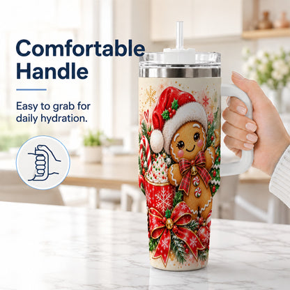 #pl[40oz|White] Gingerbread Christmas 40oz Tumbler, Holiday Tumbler with Handle