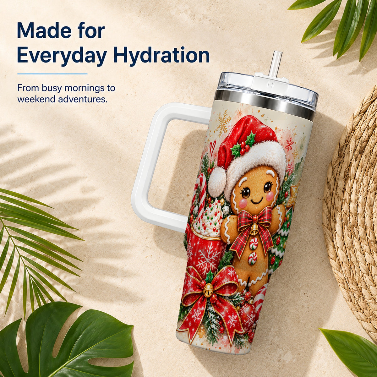 Gingerbread Christmas 40oz Tumbler, Holiday Tumbler with Handle