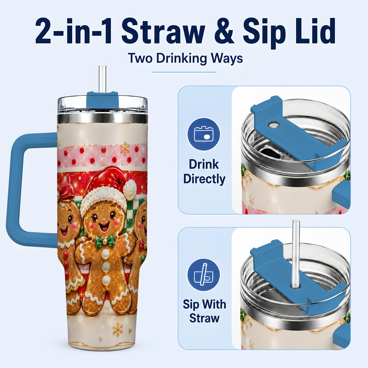 #pl[40oz|Blue] Gingerbread Family 40oz Tumbler, Christmas Tumbler with Handle