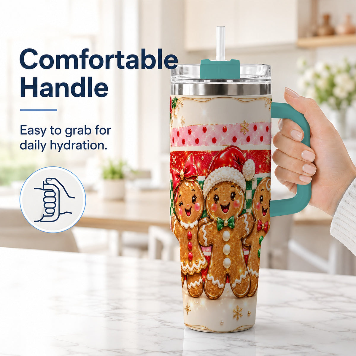#pl[40oz|Green] Gingerbread Family 40oz Tumbler, Christmas Tumbler with Handle