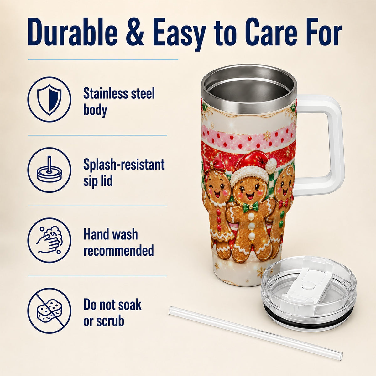 Gingerbread Family 40oz Tumbler, Christmas Tumbler with Handle