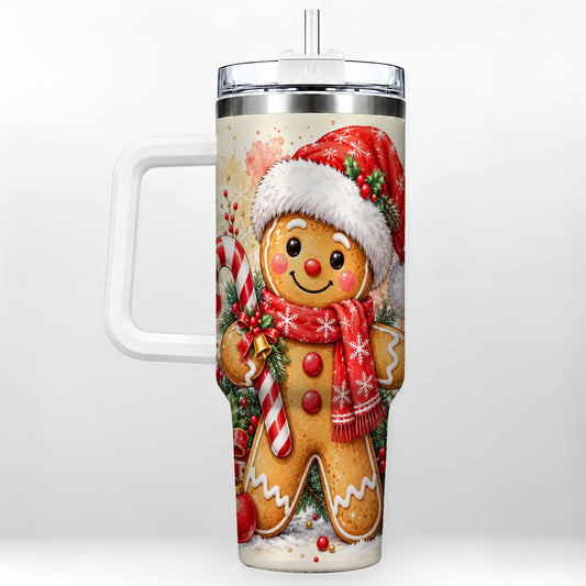 Gingerbread Christmas 40oz Tumbler, Candy Cane Tumbler with Handle